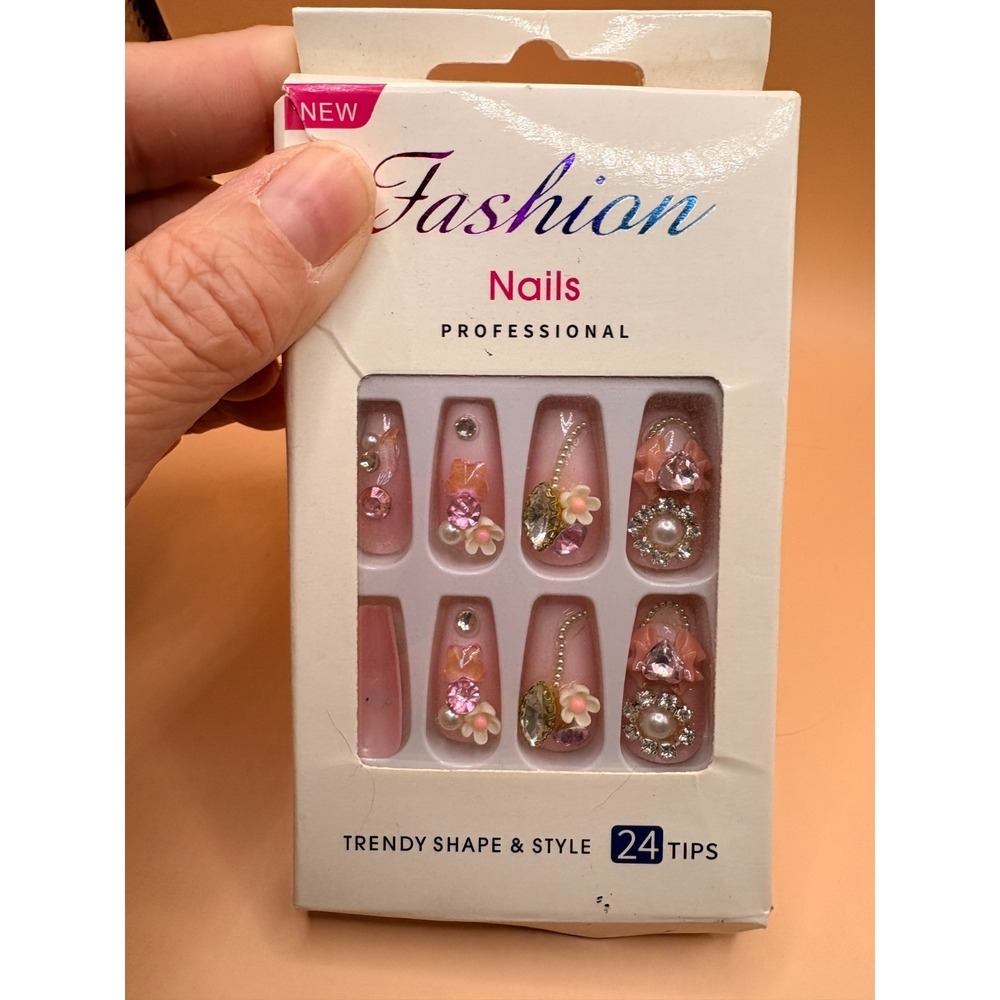 Pink Press On Nails with Charms and Flowers, Inc. Glue Tabs and File